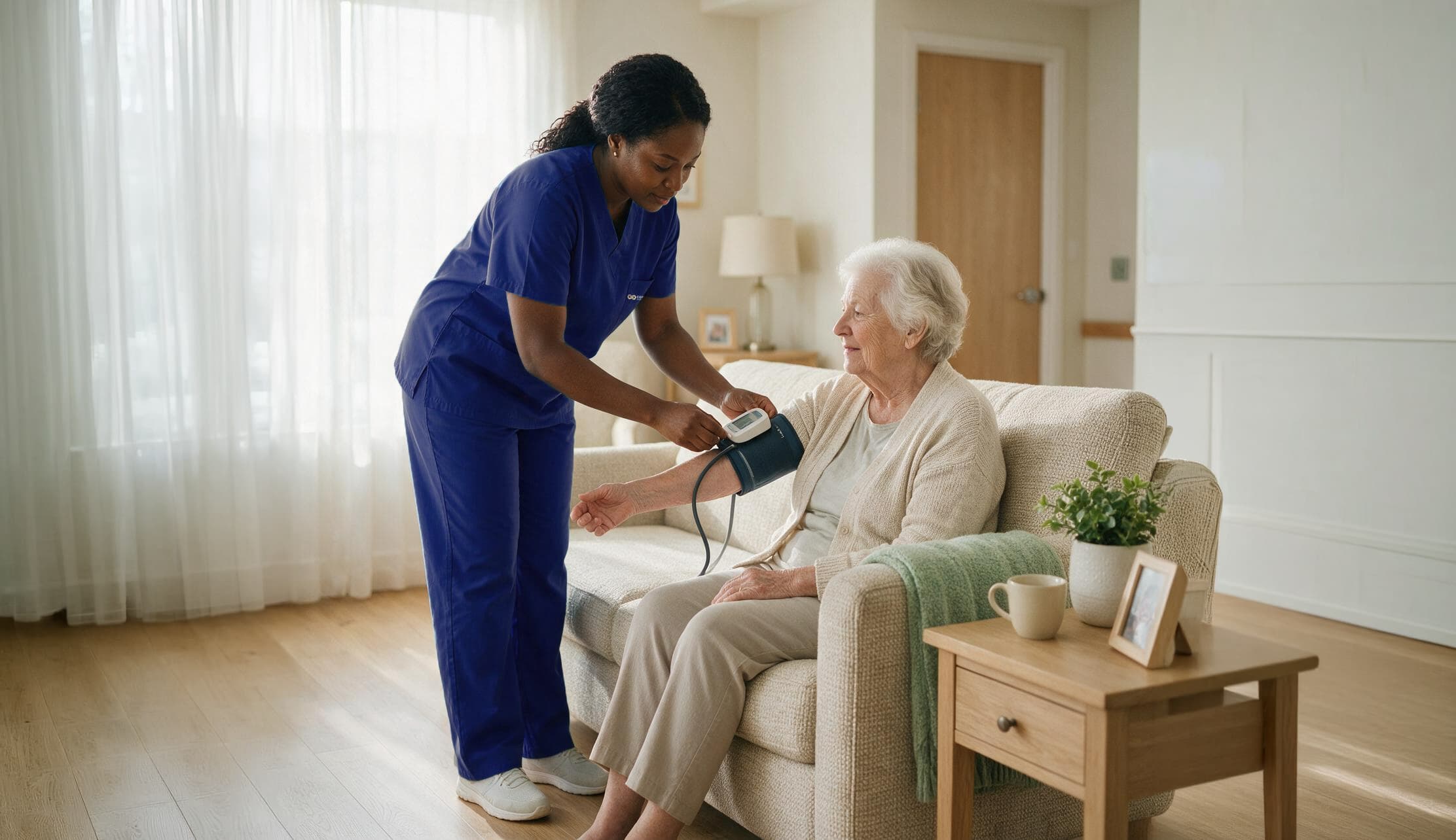 A caregiver checking a resident’s blood pressure at home